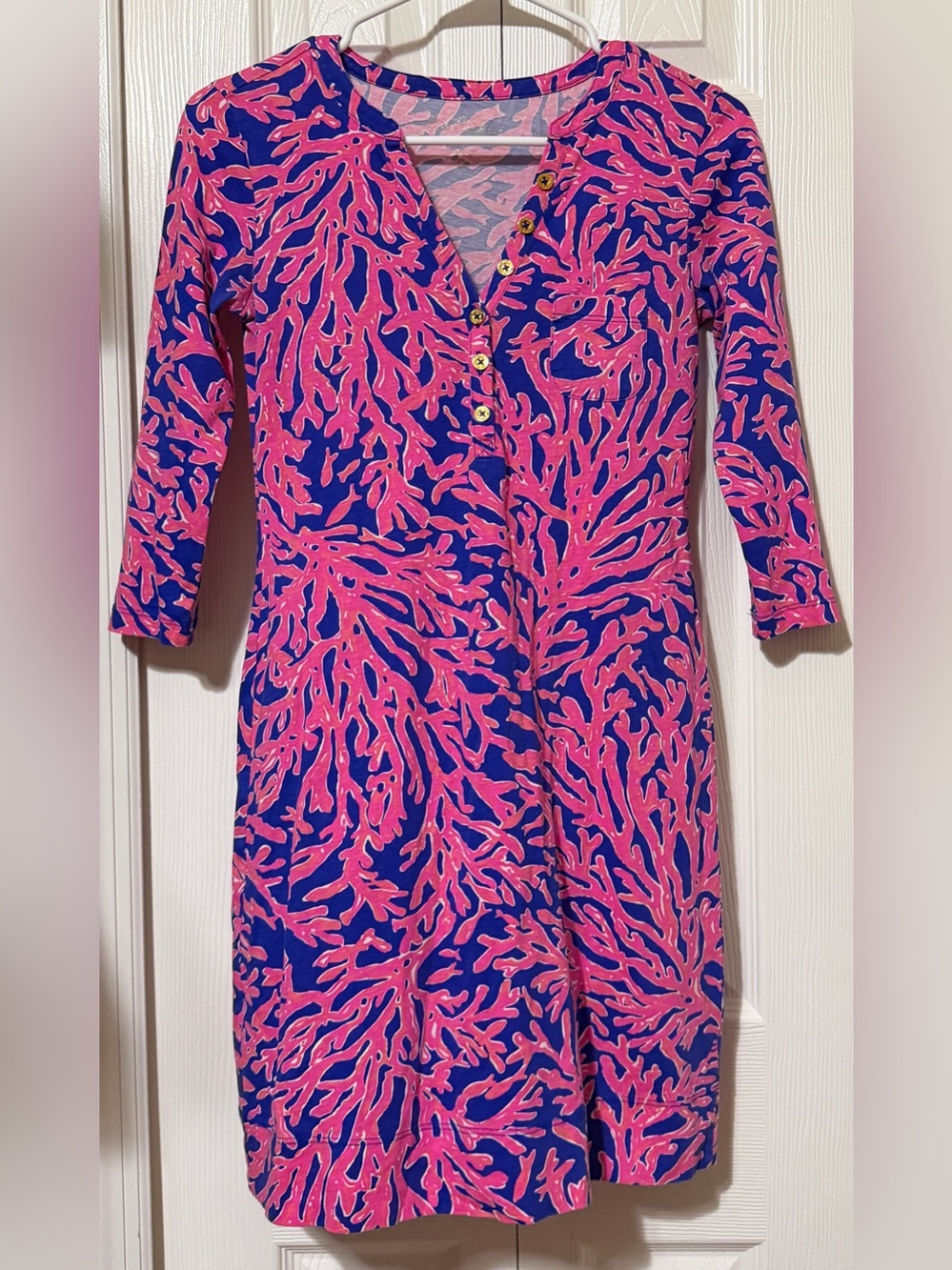 Lilly Pulitzer XXS 3/4 Sleeve V-Neck Alessia Dress Coral Print Blue Pink Pima